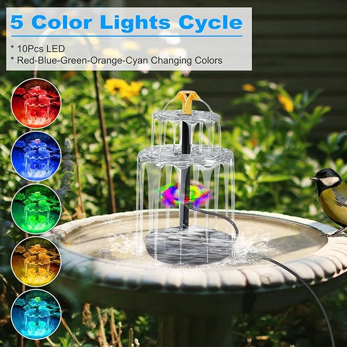 3-Tier Bird Bath Fountain Solar Powered LED Light Detachable Water Pump with 6W Solar Panel for Bird Bath, Courtyard, Outdoor, Garden Decoration