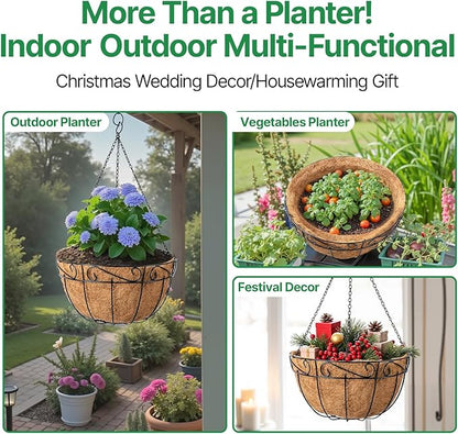 AMAGABELI GARDEN & HOME 4 Pack 15 Inch Metal Plant Hanging Baskets Planter Flower Pots Outdoor Indoor Wire Hanging Basket for Vegetable with Coco Fiber Liners for Garden Home Porch Decor