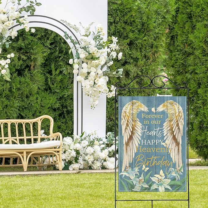 Artofy Memorial Forever in Our Hearts Wings Large Decorative House Flag, Happy Heavenly Birthday Lily Cemetery Yard Garden Outside Decor, Farmhouse Burlap Outdoor Home Decoration Double Sided 28 x 40