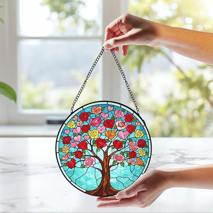 Tree of Life Stained Glass Suncatcher, Pink Love Tree Stained Glass Window Hanging, Valentines Day Window Decorations, Meaningful Gift for Mom, Grandma, Birthday & Mother’s Day, 7.9x7.9in