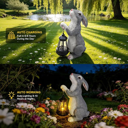 Solar Rabbit Garden Statue with Lights - Whimsical Solar Powered Bunny Figurine for Outdoor Decor, Auto On/Off Waterproof Patio, Yard, Lawn, Balcony Decorations, Unique Gift for Women & Mom
