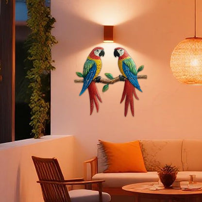Limygus Metal Two Parrot Wall Decor, Bright Color Tropical Bird Outdoor Wall Art Patio Fence Decorations, Hanging Bird Decor for Garden Yard Living Room Bedroom Balcony