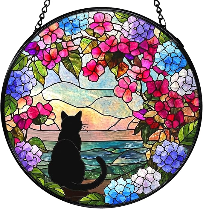 Black Cat Hydrangea Flower Stained Glass Window Hanging, Black Cat Sun Catchers Indoor Window Round Glass Wall Art Decor, Cats Floral Suncatcher Wall Hanging Decorations, Lawn Care