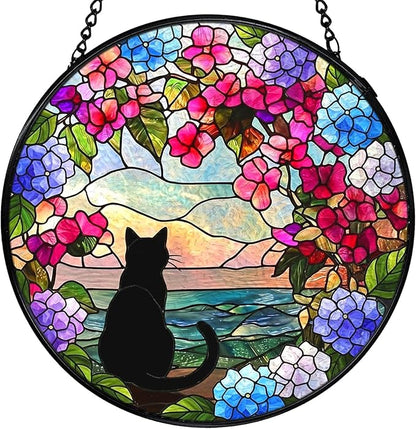 Black Cat Hydrangea Flower Stained Glass Window Hanging, Black Cat Sun Catchers Indoor Window Round Glass Wall Art Decor, Cats Floral Suncatcher Wall Hanging Decorations, Lawn Care