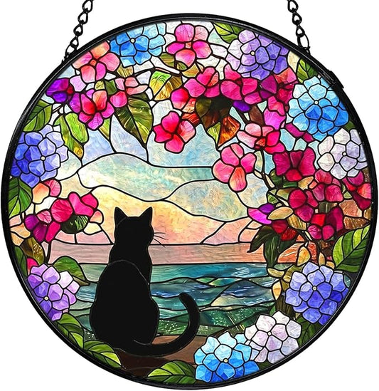 Black Cat Hydrangea Flower Stained Glass Window Hanging, Black Cat Sun Catchers Indoor Window Round Glass Wall Art Decor, Cats Floral Suncatcher Wall Hanging Decorations, Lawn Care