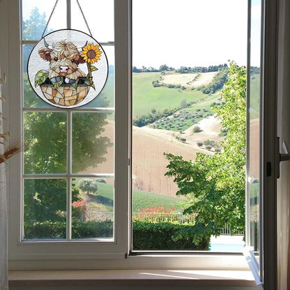 Sunflowers Highland Stained Glass Window Hanging Cowgirl Decor Highland Cow Gifts for Women Christmas Suncatchers for Home Windows Hanging Decoration, 7.87inch