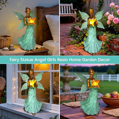 Solar Fairy Garden Statue Decor - 10 Inch Angel Girls Resin Figurine Waterproof Home Decoration with Hummingbird LED Lights for Bedroom Balcony Table Yard Patio, Gifts for Women Mom Grandma Birthday