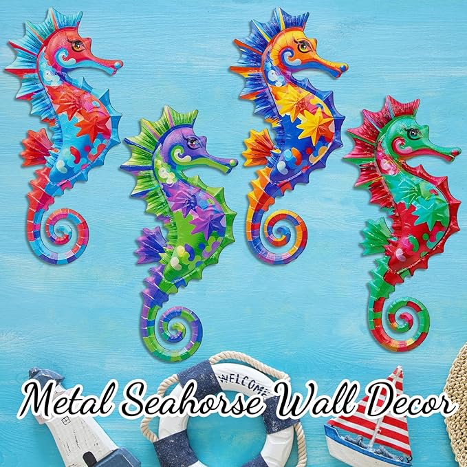 FaloStwer 4Pcs Metal Beach Wall Decor Art, 3D Lifelike Seahorse Wall Art Sculpture Hanging Decorations for Indoor Outdoor Garden Yard Living Room Bedroom Patio Balcony (Seahorse)