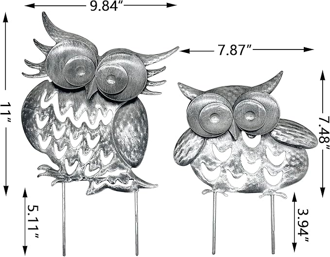 Pack of 2 Metal Owl Garden Statues Silver Silhouette Stakes Decorative Outdoor Animal Sculptures for Yard Decor and Lawn Ornaments
