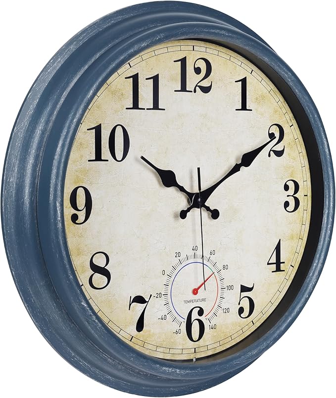Large Outdoor Clocks Waterproof with Thermometer Combo Rustic Coastal Wall Clock Decor for Bathroom Patio Pool (16 Inch,Blue)
