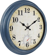 Large Outdoor Clocks Waterproof with Thermometer Combo Rustic Coastal Wall Clock Decor for Bathroom Patio Pool (16 Inch,Blue)