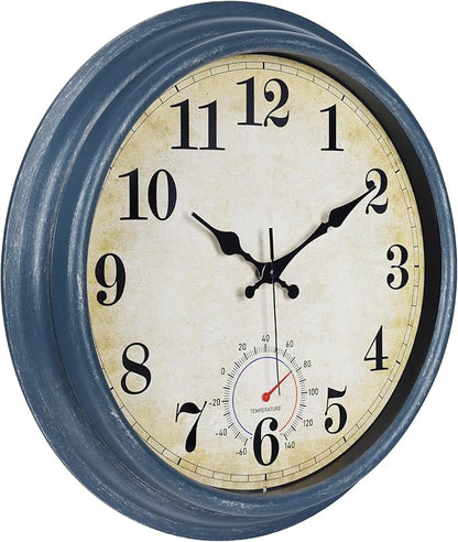Large Outdoor Clocks Waterproof with Thermometer Combo Rustic Coastal Wall Clock Decor for Bathroom Patio Pool (16 Inch,Blue)