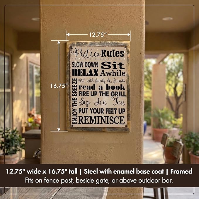 Homebody Accents Patio Rules Sign - Rustic Steel Porch Wall Decor, Outdoor Sign for Back Patio, Deck and Screened Porch, Positive Thinking Home Gift, Made in USA - 13"x17" Framed