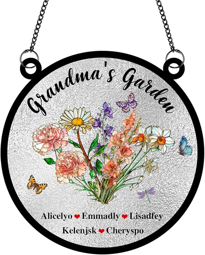 Personalized Grandmas Garden Stained Glass Suncatchers, Custom Name Birth Month Flowers Window Hanging Ornament, Mothers Day Christmas Birthday Gifts for Grandma Mom Nana Mimi (Round 2)