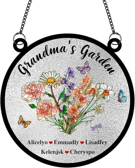 Personalized Grandmas Garden Stained Glass Suncatchers, Custom Name Birth Month Flowers Window Hanging Ornament, Mothers Day Christmas Birthday Gifts for Grandma Mom Nana Mimi (Round 2)