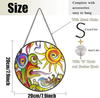 Artistic Sunrise Suncatcher Stained Glass Window Hanging, 7.9'' Abstract Sun Face Suncatchers Garden Hangings with Metal Chain