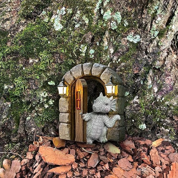 Marsrut Dragon Garden Sculpture, Fairy Outdoor Yard Ornament Decor, Lovely Courtyard Decorative Resin Statue, Open The Door Shape for Window Wall Art Sand Decor Indoor Outdoors Craft