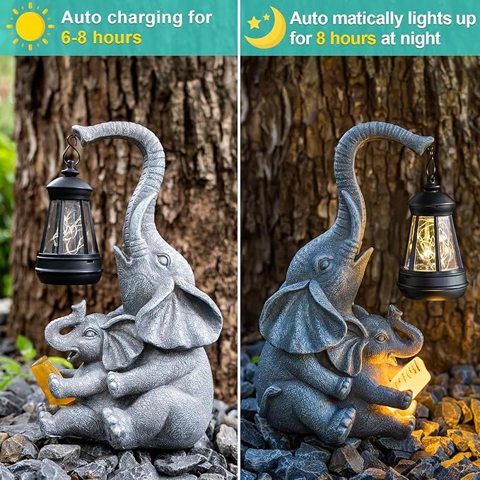 ZQQLITE Solar Elephant Statue LED Lights Garden Decoration, Outdoor Statue Lights Patio Art Lawn Porch Deck Balcony Decoration - Birthday, Options for Mom, Lady Lover