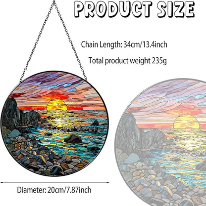 Waves on The Beach Stained Glass Window Hanging Sunset at The Seaside Sun Catcher Beach Lover Gifts for Women Nature Lover Wall Hanger Handmade SunCatcher Decoration, 7.87inch