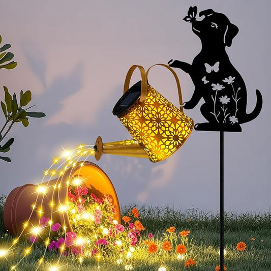 ZFNN Solar Garden Decor Lights, Outdoor Waterproof Solar Watering Can with Cascading Lights, Metal Dog Silhouette Stake Yard Art for Outside Lawn Patio, Unique Gardening Gifts for Women Mom