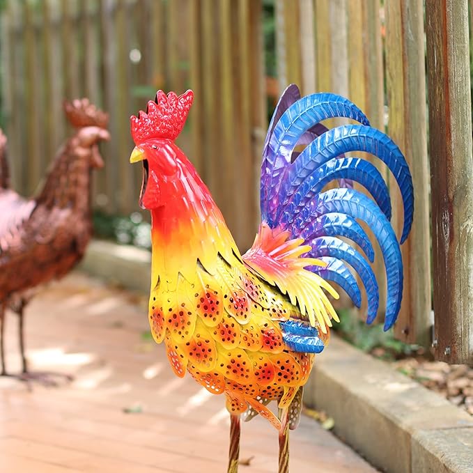 Metal Rooster Chicken Yard Art Outdoor Decor Large Chicken Garden Statue & Sculpture for Lawn Patio Backyard Kitchen Home Decorations, B-ROS04