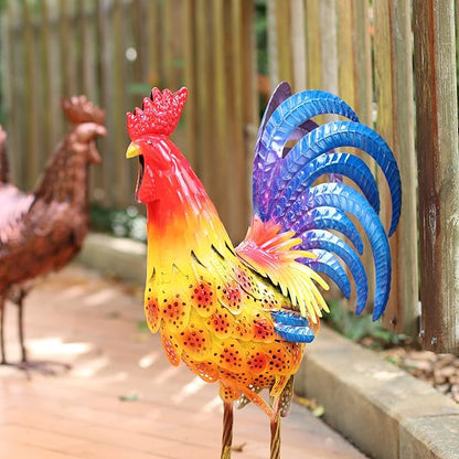Metal Rooster Chicken Yard Art Outdoor Decor Large Chicken Garden Statue & Sculpture for Lawn Patio Backyard Kitchen Home Decorations, B-ROS04