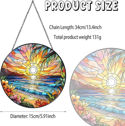 Beach Sunset Sun Catcher Stained Glass Window Hanging 6'', Beach Lovers Gifts for Women Kitchen Decor Landscape Decoration for Home Garden Housewarming Gifts