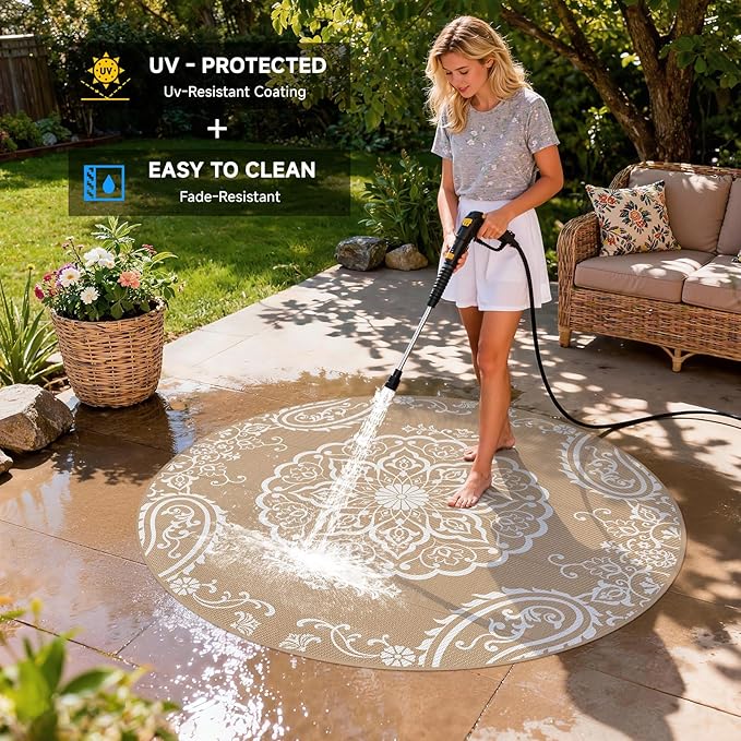 Pauwer Waterproof Outdoor Rug 6ft, Reversible Plastic Straw Patio Camping Rug, Indoor Outdoor RV Mat Carpet for Deck, Camper, Porch, Balcony, Backyard, Picnic, Boho Brown
