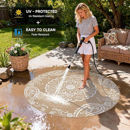 Pauwer Waterproof Outdoor Rug 6ft, Reversible Plastic Straw Patio Camping Rug, Indoor Outdoor RV Mat Carpet for Deck, Camper, Porch, Balcony, Backyard, Picnic, Boho Brown