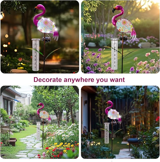 Flamingo Rain Gauge Outdoor - Solar Garden Stake Rain Gauges for Yard with LED Lights & Plastic Measuring Cup for Rain for Lawn, Pathway Decor, Gifts for Wife/Women