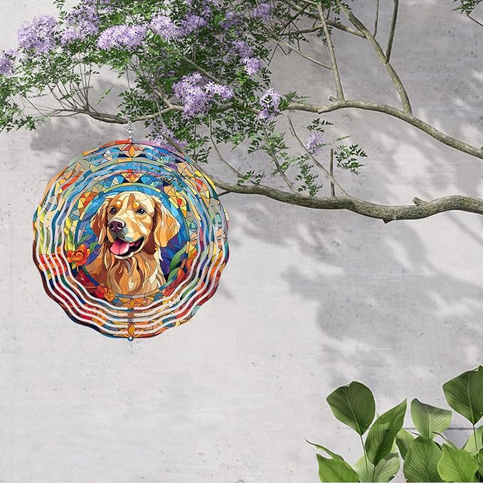 Golden Retriever Wind Spinner Pet Dog Memorial Gifts 3D Aluminum Metal Kinetic Hanging Wind Sculpture Spinners for Yard and Garden Indoor Outdoor Window Garden Decoration 8 Inch (Golden Retriever 1)