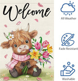 Heyfibro Welcome Spring Summer Highland Cow Garden Flag 12x18 Double Sided Burlap, Flower Bouquet Butterfly Yard Banner for Holiday Farmhouse Yard Outdoor Decor(ONLY FLAG)