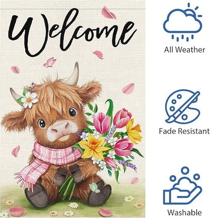 Heyfibro Welcome Spring Summer Highland Cow Garden Flag 12x18 Double Sided Burlap, Flower Bouquet Butterfly Yard Banner for Holiday Farmhouse Yard Outdoor Decor(ONLY FLAG)