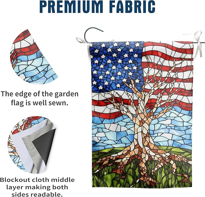 Patriotic American Garden Flag Stained Glass Tree Life Yard Flags for Outside 12x18 Double Sided Small 250 Anniversary USA 4th of July Independence Memorial Day Decor