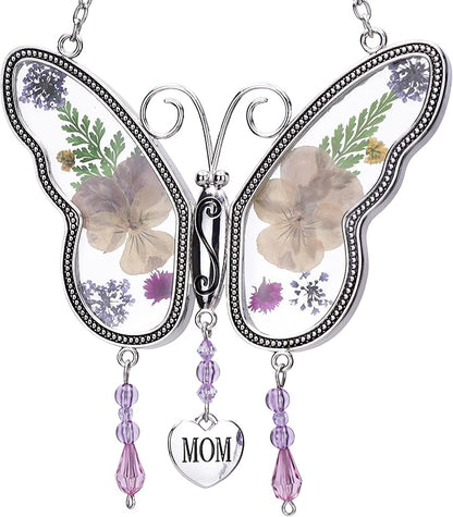 Laraine Butterfly Suncatcher with Pressed Colourful Flower Wings Mother's Day Butterfly Glass Wind Chime Ornament Charm with Metal Heart Gifts for Mom Grandma Birthday (Yellow Mom)