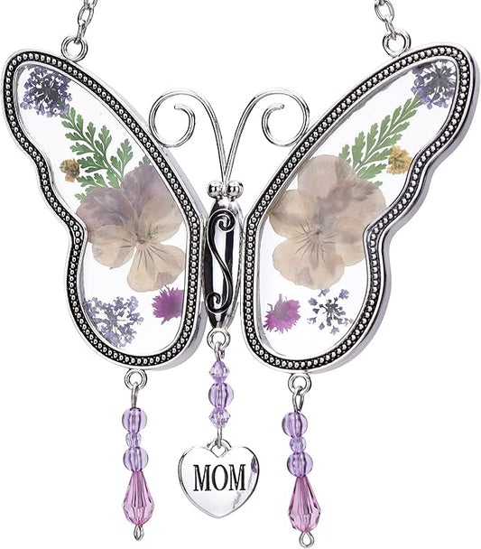 Laraine Butterfly Suncatcher with Pressed Colourful Flower Wings Mother's Day Butterfly Glass Wind Chime Ornament Charm with Metal Heart Gifts for Mom Grandma Birthday (Yellow Mom)