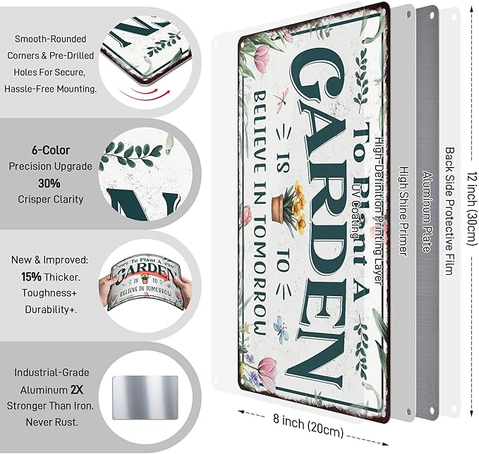 PAIION Vintage Metal Garden Decor Tin Sign - To Plant A Garden Is To Believe In Tomorrow, Funny Gardening Gifts for Plant Lovers Greenhouse Backyard Decor 8x12 Inch