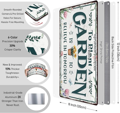 PAIION Vintage Metal Garden Decor Tin Sign - To Plant A Garden Is To Believe In Tomorrow, Funny Gardening Gifts for Plant Lovers Greenhouse Backyard Decor 8x12 Inch