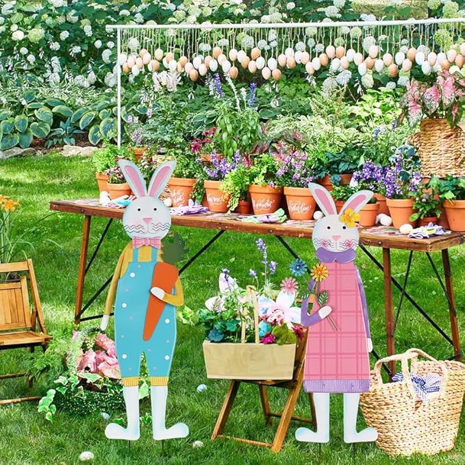 YEAHOME Easter Decorations Outdoor, Set of 2 Metal Bunny Decorative Garden Stakes for Easter Decor, Spring Rabbits Yard Stakes for Home Outside Front Door Porch Lawn Garden Backyard Decorations