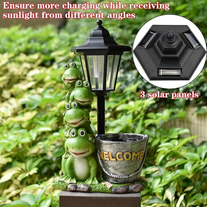 Solar Frog Statue for Outdoor Garden Decor, 13.4 Inch Outside Frog Family Ornaments with Lantern and Flowerpot for Garden, Balcony, Patio, Yard, Lawn -Birthday Gifts for Women Grandparents