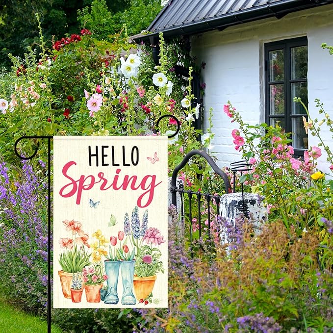 Hello Spring Garden Flags for Outside,Spring Theme Garden Flag Yard Lawn Porch Flags for Outdoor Decorations 12x18 Inch Double Sided