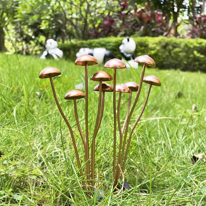 6.5" Metal Mushroom Garden Statue Decor (2-Pack) - Rust-Proof Iron Mushroom Stakes for Outdoor Lawn, Yard, & Patio - Flower Pot Ornament, Creative Gift for Garden Lovers (Stakes & Straps)