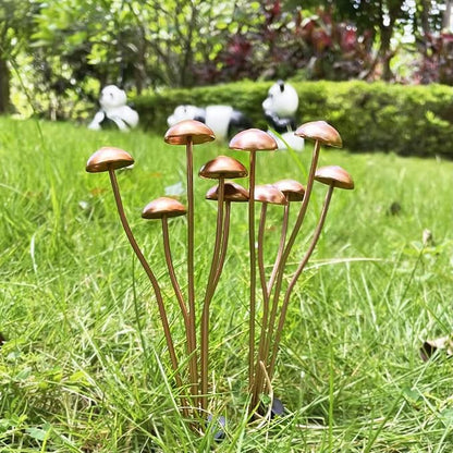 6.5" Metal Mushroom Garden Statue Decor (2-Pack) - Rust-Proof Iron Mushroom Stakes for Outdoor Lawn, Yard, & Patio - Flower Pot Ornament, Creative Gift for Garden Lovers (Stakes & Straps)
