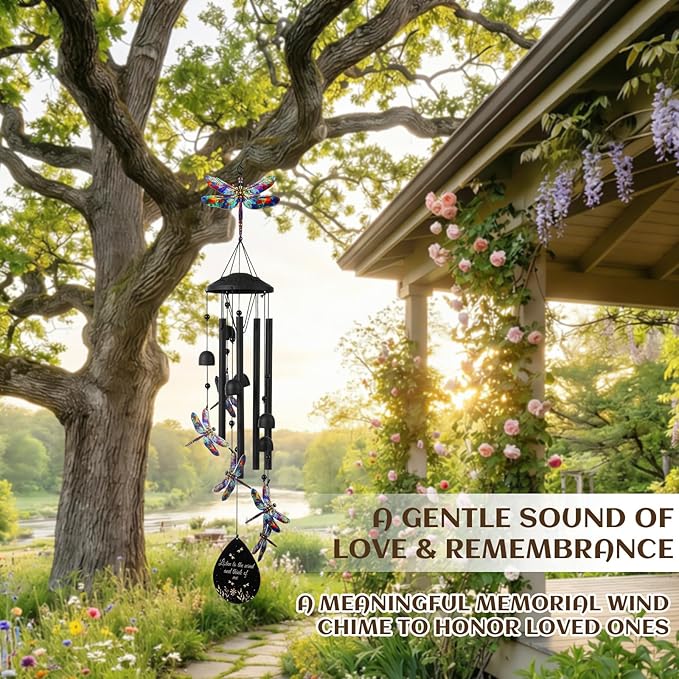 Novabright Dragonfly Wind Chimes for Outside 35" Black Metal Wind Chime Soothing Tones Memorial Windchimes Decor Dragonfly Gifts for Women Men Outdoor Garden Yard Patio Decor Memorial Birthday Gifts