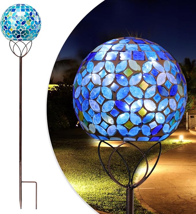 Solar Lights Outdoor Decorative, Solar Gazing Ball Mosaic Garden Stakes Decorative Waterproof Outdoor Lights for Pathway Yard Lawn Decoration (Green)