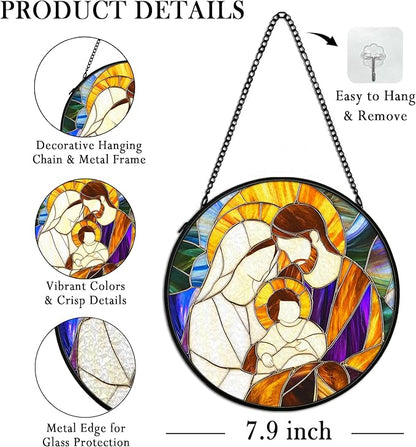 Christian Baby Jesus Nativity Suncatcher Stained Glass Window Hanging Decor, Christian Christmas Stained Glass Wall Decor Gifts, Nativity Scene Garden Lawn Sun Catchers Window Art, 7.9x7.9In