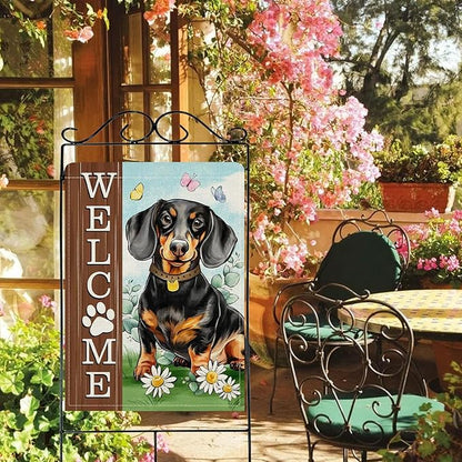 Dyrenson Welcome Dachshund Dog 28 x 40 House Flag Double Sided, Paw Prints Garden Yard Decoration Pet Owner Lover Gift, Spring Summer Burlap Outdoor Decor Decorative Large Flag