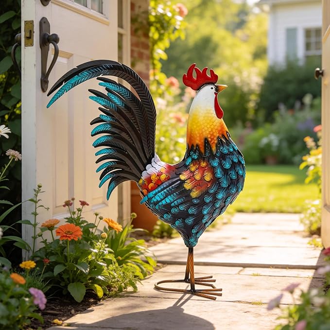 32" Large Metal Rooster Yard Decor, Outdoor Garden Statues, Metal Chicken Sculpture for Backyard Patio Kitchen Living Room Decor