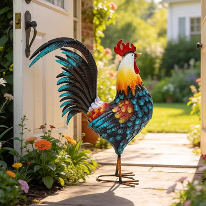 32" Large Metal Rooster Yard Decor, Outdoor Garden Statues, Metal Chicken Sculpture for Backyard Patio Kitchen Living Room Decor