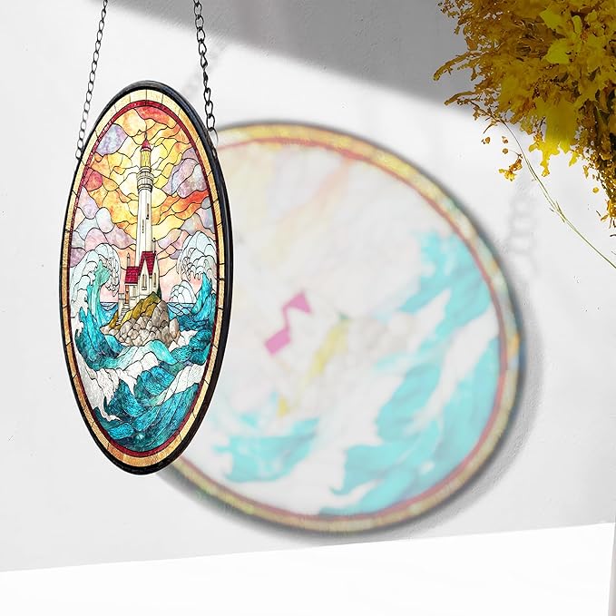 7.8" Lighthouse Suncatcher Stained Glass Window Hanging Ocean Light House Sun Catchers Blue Coastal Ornaments Wall Art Home Garden Room Door Decor Birthday for Women Men
